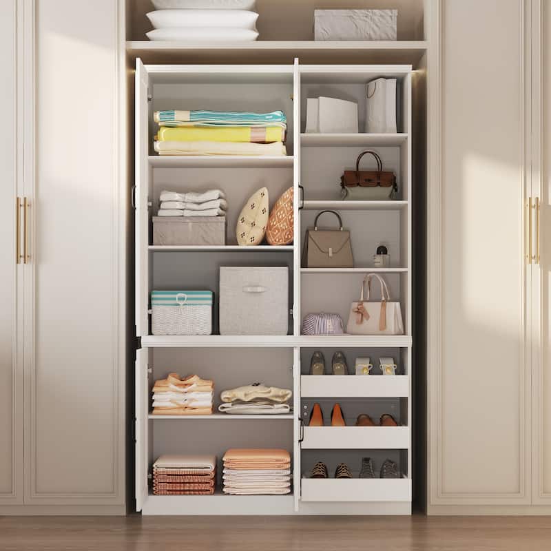 White Wardrobe Closet with Adjustable Shelves Solid Wood Frame Storage Cabinet for Home Organization
