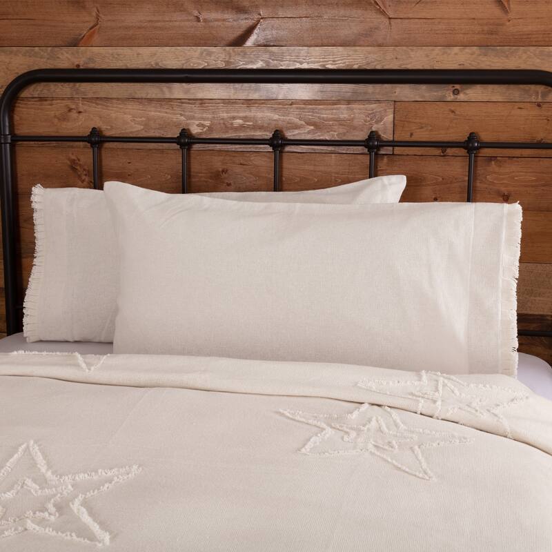 Burlap Antique White King Pillow Case w/ Fringed Ruffle Set of 2 21x40 - White - King