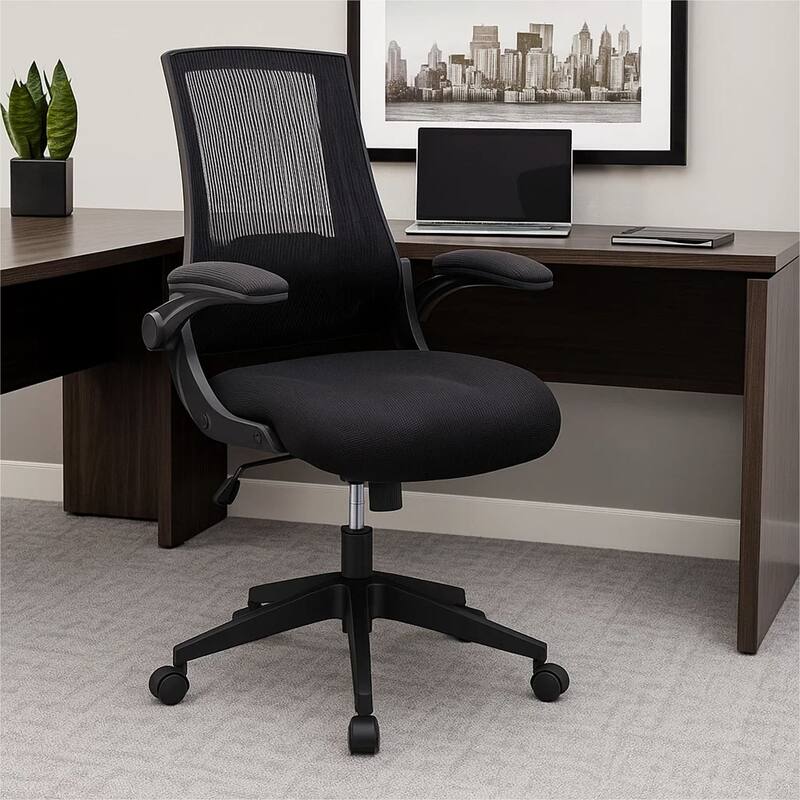 Rolling Task Chair with Flip Arms, Black Mesh, Spring Tilt Mechanism