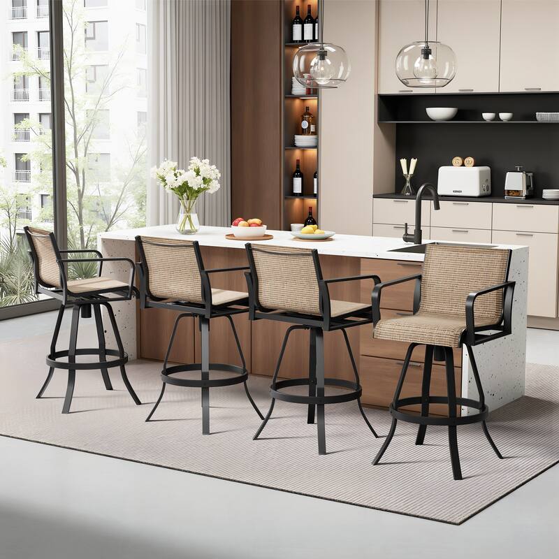 Outdoor Indoor Aluminum Swivel Patio Bar Stools Dining Chairs with Sunbrella Fabric - Brown - 4-Piece