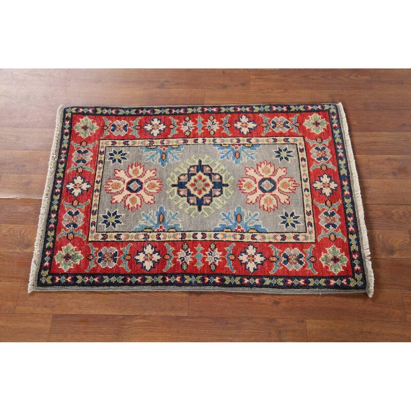 Geometric Kazak Oriental Accent Rug Handmade Grey Wool Carpet - 2'0"x 2'11"