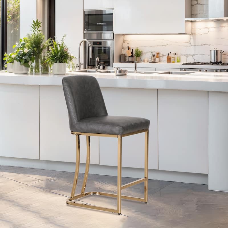 Bar Stool PU Leather Upholstered Dining Chair Middle Back Kitchen Stool Modern with Gold Polished Frame