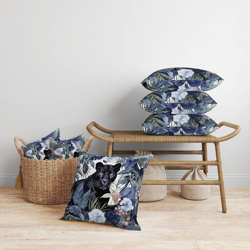 Panther Tropic Twilight Faux Suede Reversible Throw Pillow Blue and Black