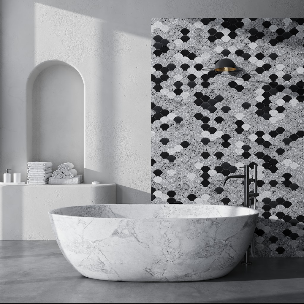 Apollo tile 12 x 12 Stellare Honed Terrazzo, Black Limestone Marble Tile (5 sq ft/case) - 5 Pack