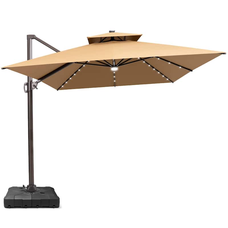 10 FT x 13 FT Outdoor LED Lighted Double Top Patio Cantilever Umbrella with Base Stand - Tan