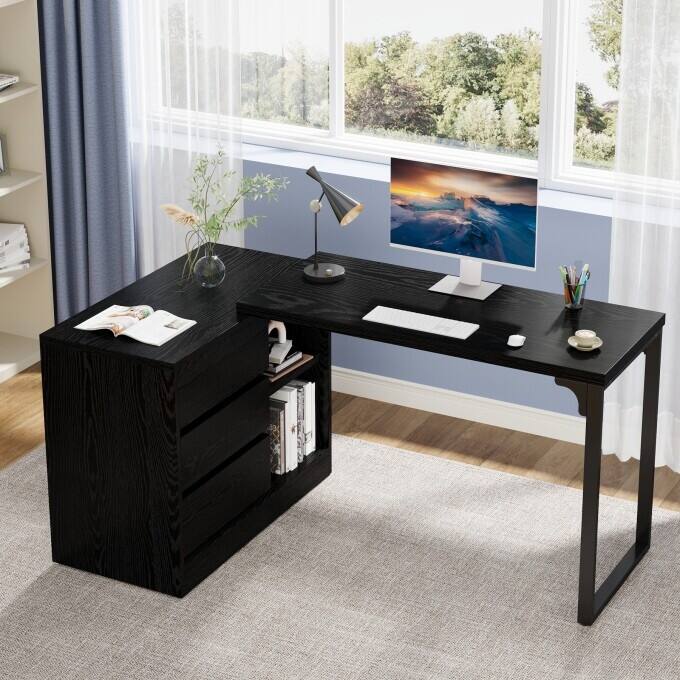 Versatile L-shaped White Computer Desk with Drawers and Shelves - Black