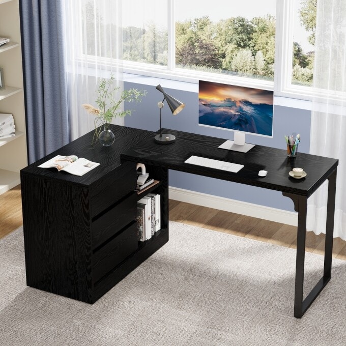 Versatile L-shaped White Computer Desk with Drawers and Shelves