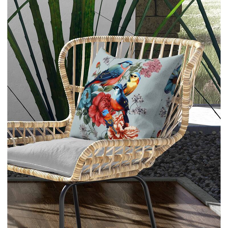 Petal Perched Birds Indoor/Outdoor Reversible Throw Pillow Mint and Red