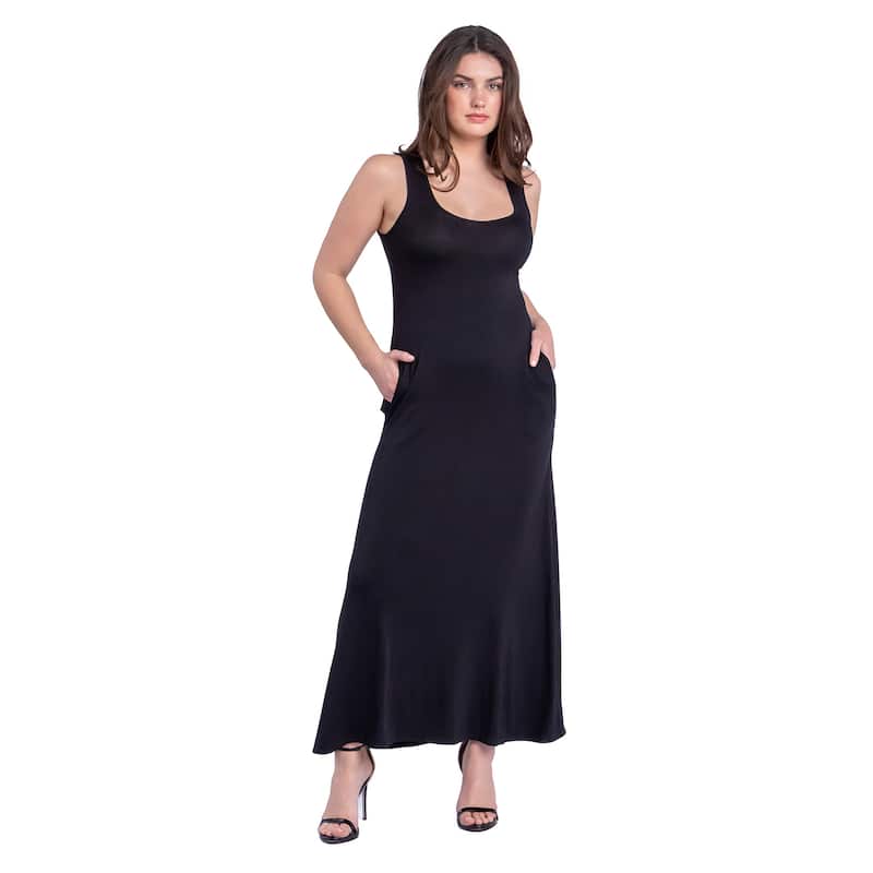 24seven Comfort Apparel Scoop Neck Sleeveless Maxi Dress with Pockets - Black - S