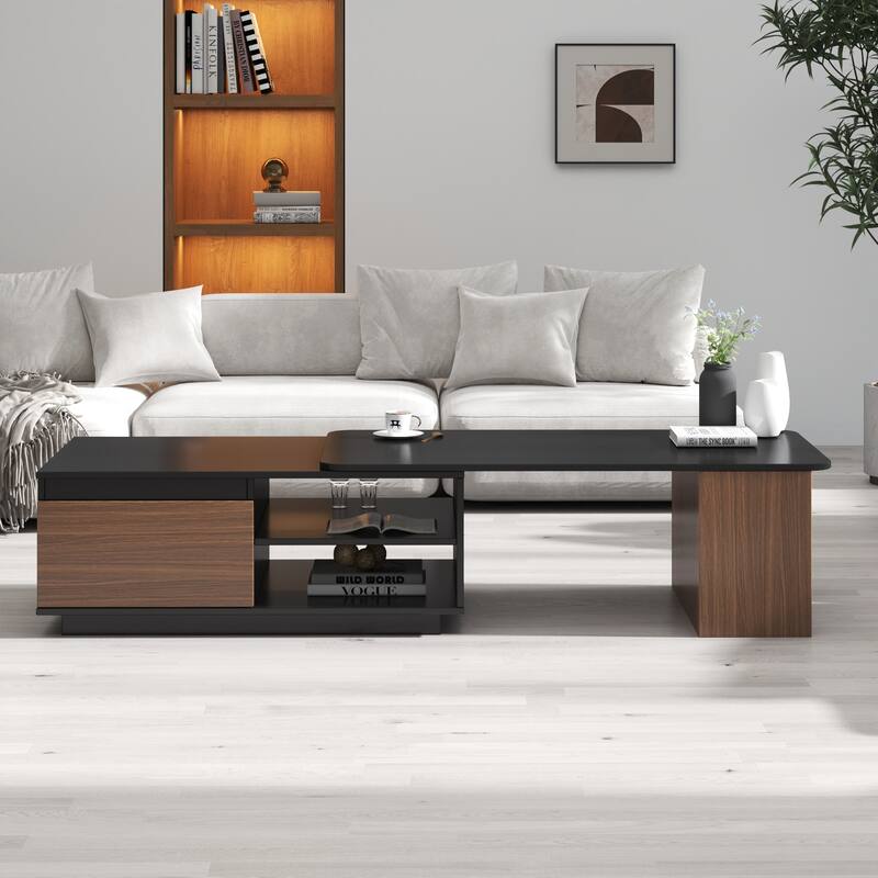 Storage Coffee Table, Length Adjustable Wood Coffee Table with 2 Drawers for Living Room, Large Rectangular Center Table - Black,Walnut Brown