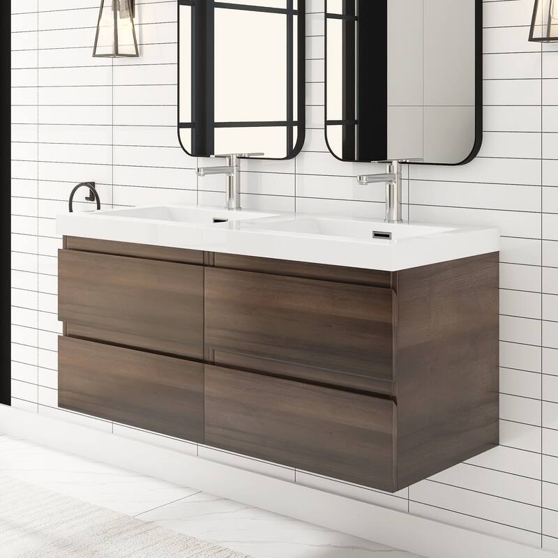 MDF Wall-Mounted Bathroom Vanity Set in Grey Oak with Integrated Culture Marble Sink