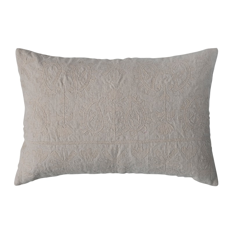 Cotton Lumbar Pillow with Embroidered Paisley Pattern - Accent - 24.0"L x 16.0"W x 0.5"H - Polyester - Cream - Single