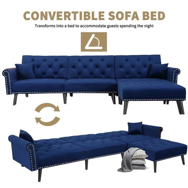 Velvet Convertible Tufted Sleeper Corner Sectional Sofa Bed