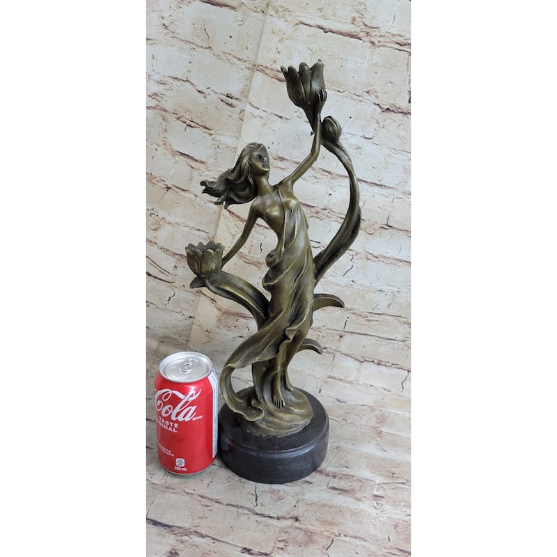 Handcrafted Wood Nymph Bronze Candleholder Sculpture Hot Cast Marble Base Figure