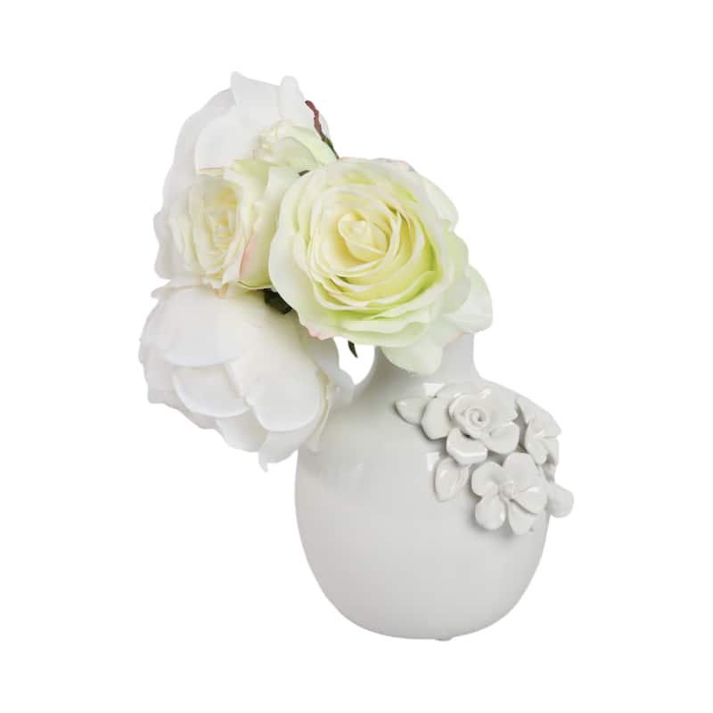Ceramic Decorative Vase 3D Floral Detail Glossy Finish - 6" White