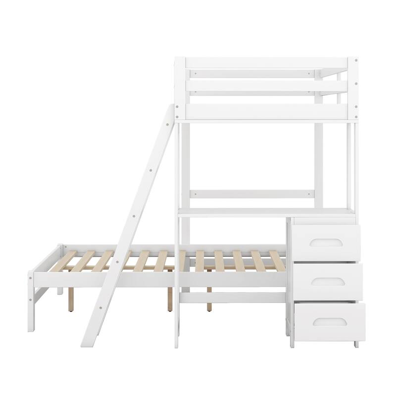 Twin Over Full Bunk Bed with Built-in Desk and Three Drawers, White