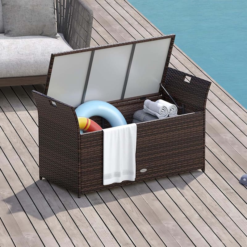 Outdoor Storage Bench Patio 68 Gallon Rattan Deck Box w/ Cushion