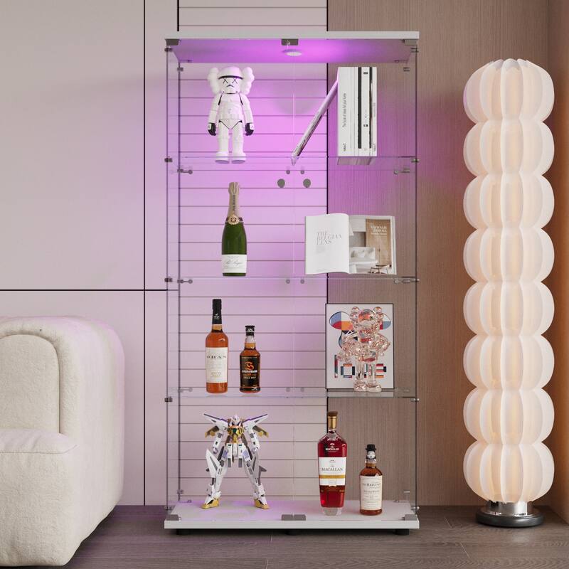 Two-Door LED Lights Glass Display Cabinet w/4 Shelves, Floor Standing Bookshelf for Living Room Bedroom Study or Collection Room
