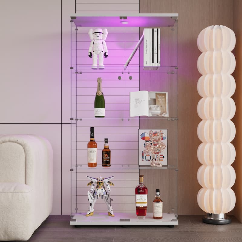 Two-door LED lights Glass Display Cabinet 4 Shelves with Door