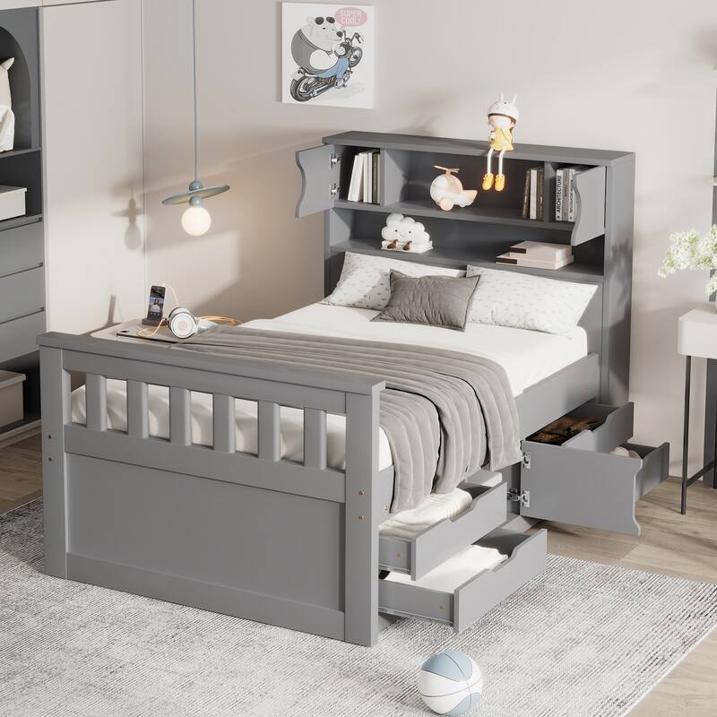 Twin Size Platform Bed with Storage, Bookcase Headboard, Four Drawers, Gray