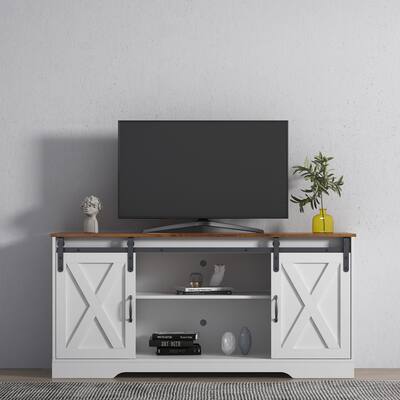 TV Stand Sliding Barn Door Modern&Farmhouse Wood Entertainment Center, Storage Cabinet Table Living Room