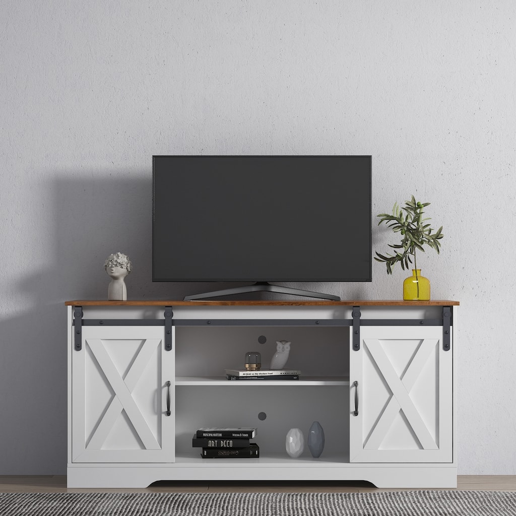 Wooden Sliding Barn Door TV Stand,Storage Cabinet with Adjustable Shelves