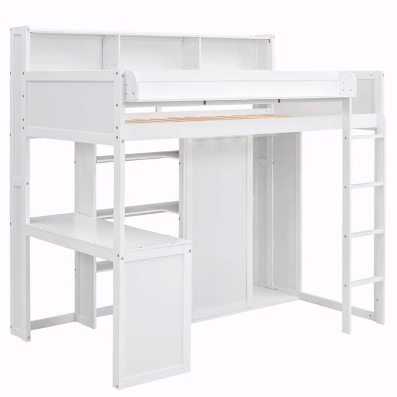 Wood Twin Size Loft Bed with Storage Shelves and Wardrobe