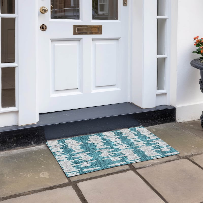 Machine Washable Indoor/ Outdoor Chantille Abstract Contemporary Rug - Teal - 1'8" x 2'6"