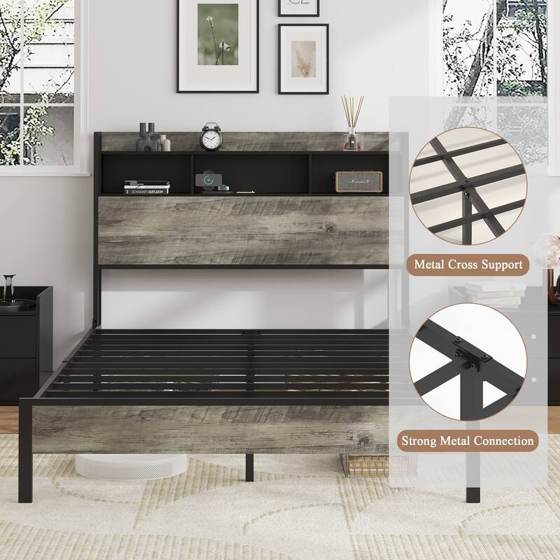 Full size bed frame, wooden platform bed frame, with storage and 2 USBs, no noise, no need for box springs