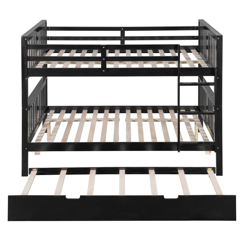 Espresso Full over Full Bunk Bed with Trundle, Ladder and Guardrails - Detachable Bunk Bed Convertible 2 Full Size Beds