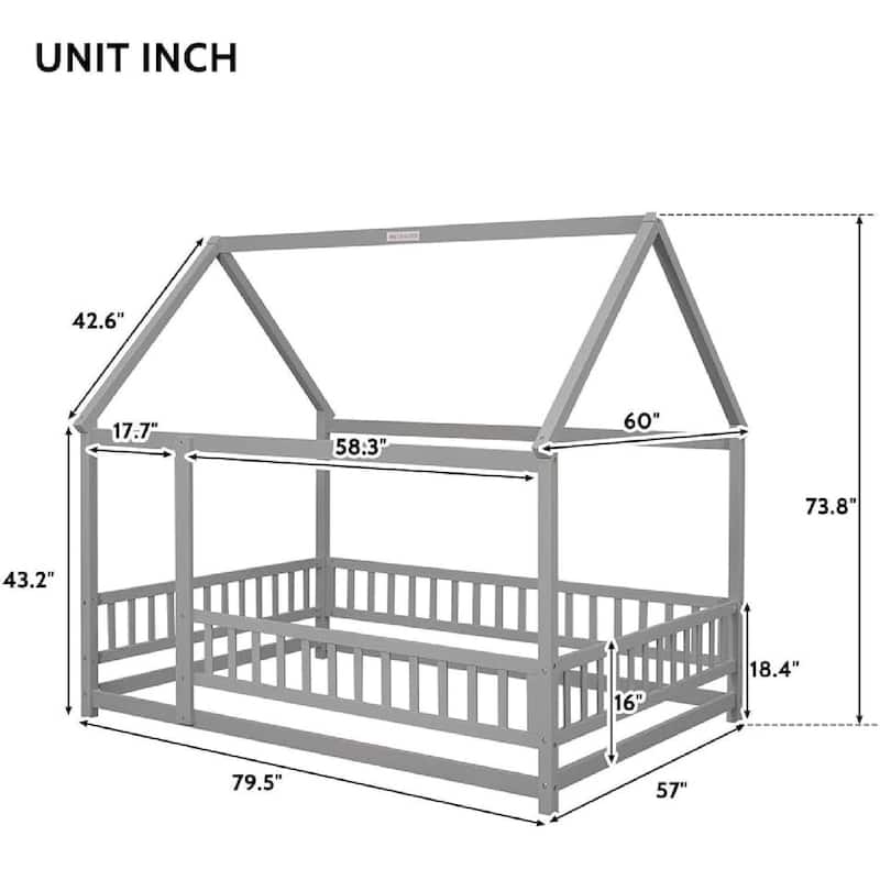 Full Size House Floor Bed Frame with Roof Fence Guardrails for Kids
