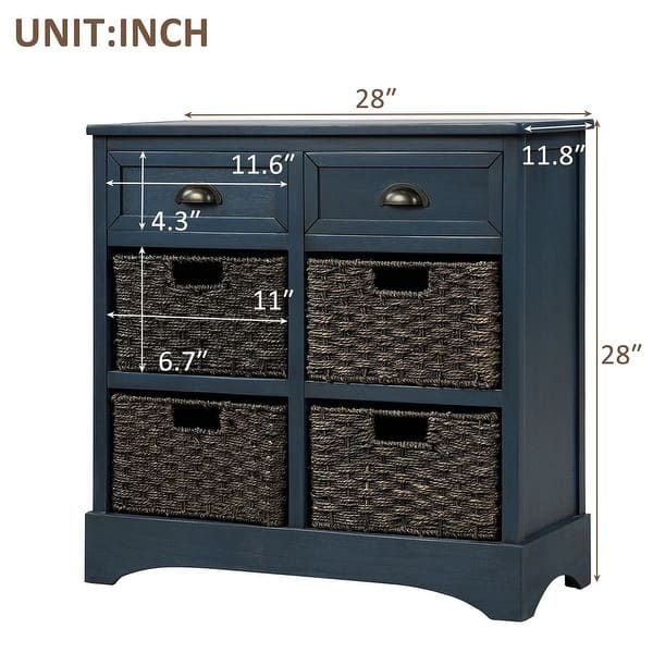 dimension image slide 0 of 5, 28” Farmhouse Solid Wood Storage Cabinet with Two Drawers and Four Rattan Baskets