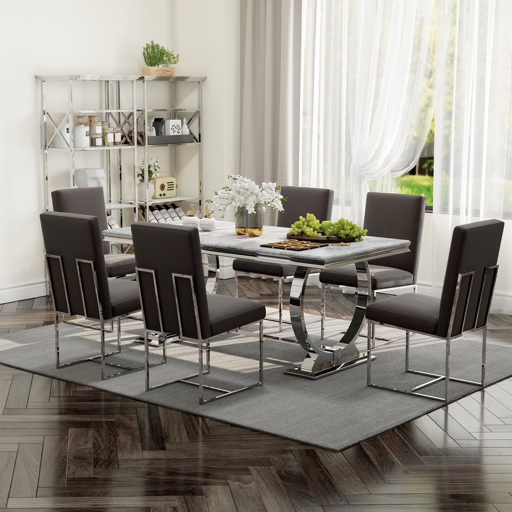 White and Gold Dining Room Table Set with 72 inch Table and White PU Leather Dining Chairs