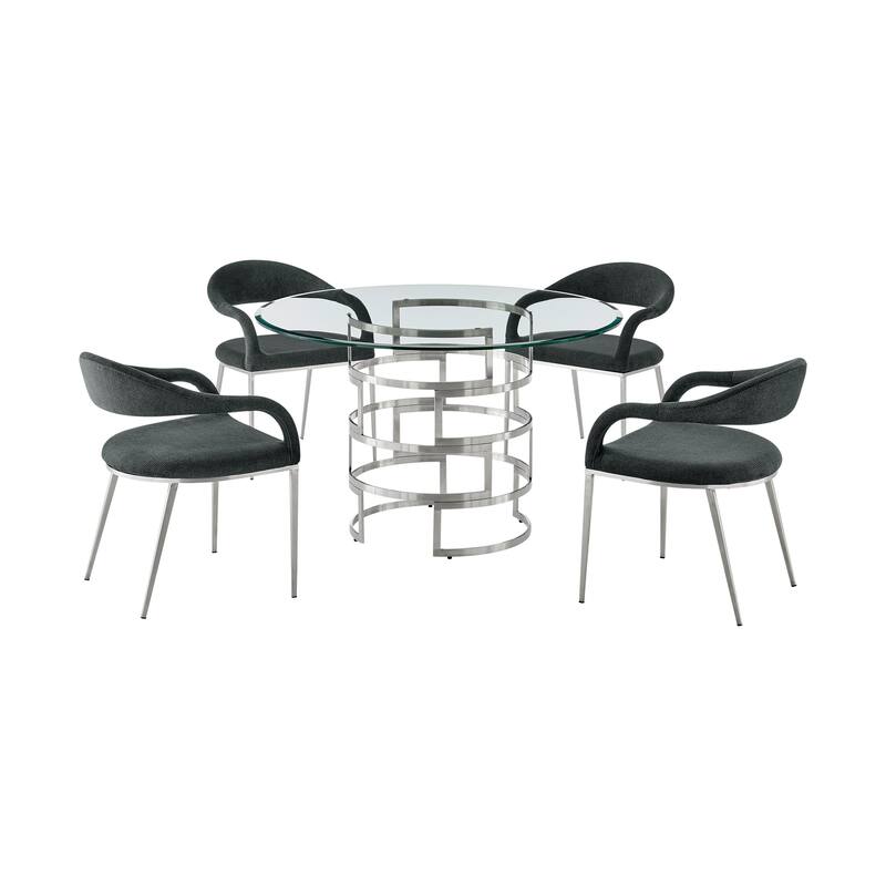 Diaz Morgan 5 Piece Round Glass Dining Table Set with Metal Frame and Upholstered Chairs