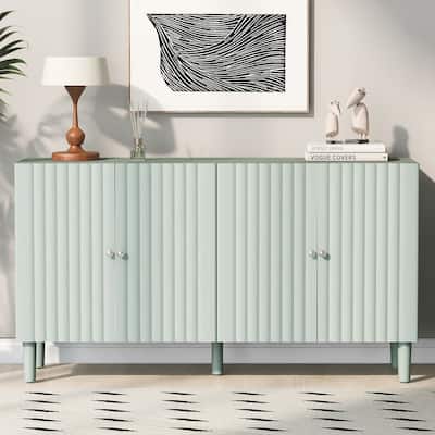 Rubber Wood 4 Door Sideboard with Wavy Pattern Doors and Cylindrical Legs, Storage Cabinet with Metal Door Handle