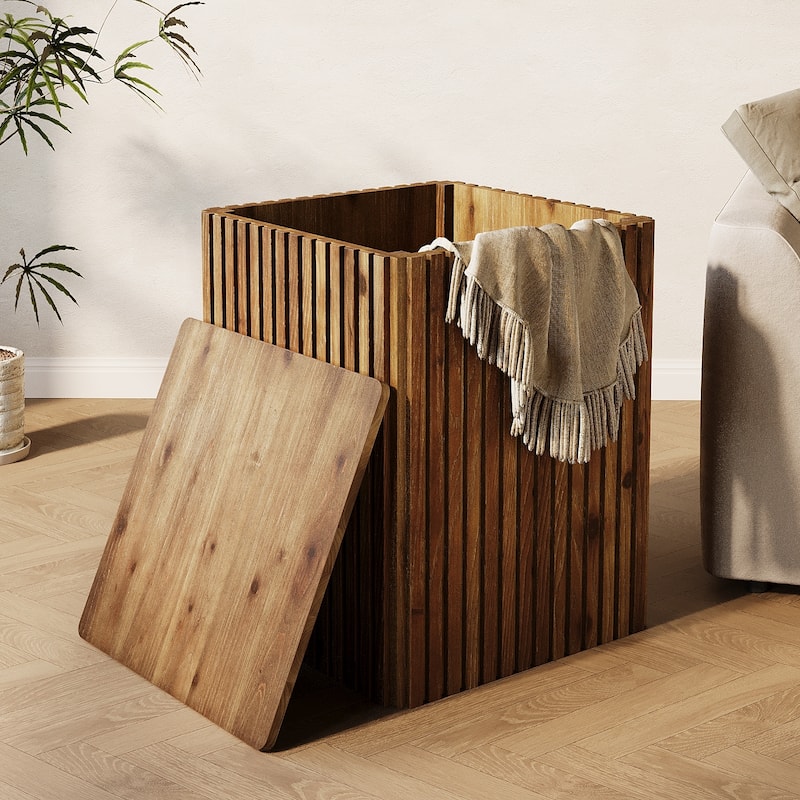 Solid Wood End Table, Fluted Side Table with Storage and Removable Lid - 18.9" D x 18.9" W x 24.21" H