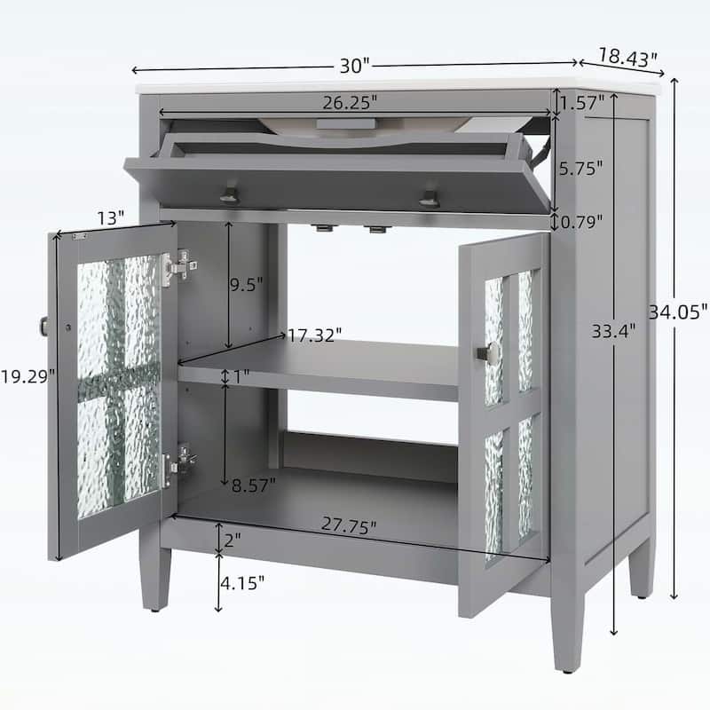 30-Inch Bathroom Vanity with Ceramic Sink,Adjustable Shelf,Tip-Out Tray,Wood Legs