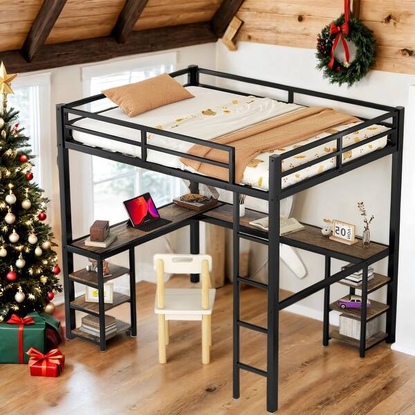 slide 2 of 13, Metal Full Size Loft Bed with Desk and Shelves,Ladder and Guardrails Black
