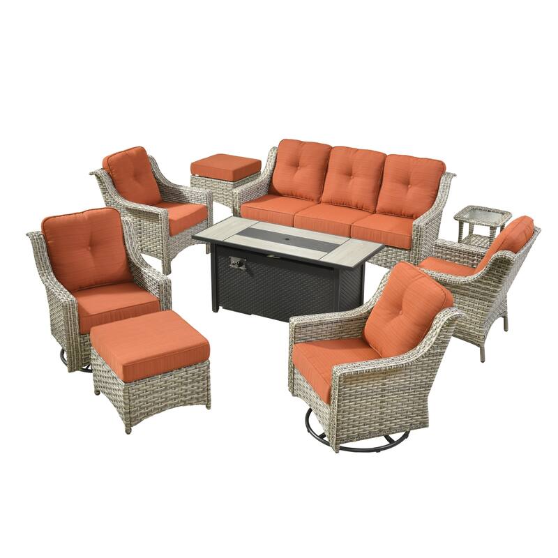 HOOOWOOO 9-piece Rattan Outdoor High Backrest Swivel Chair Set with 54"Fire Pit