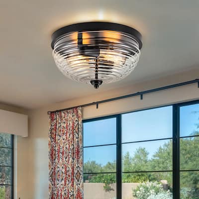 2-Light Black Flush Mount with Clear Glass Shade - 11.81