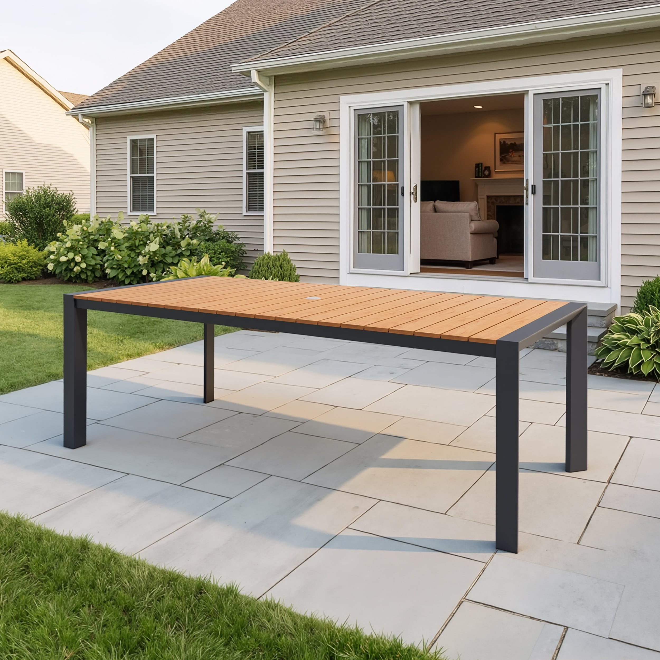 Outdoor All-Weather Aluminum Patio Rectangular Dining Table with Umbrella Hole