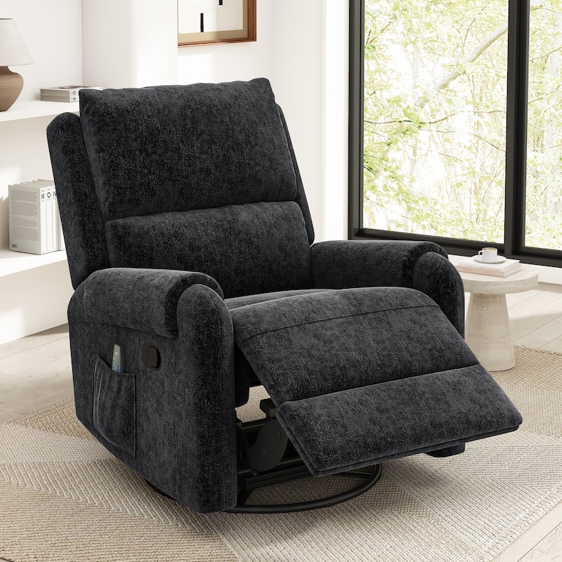 Christopher Knight Home - Solara Upholstered Swivel Rocker Recliner Chair with Massage and Side Storage Pocket - Black.