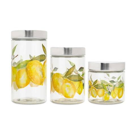 Lemon Branches Set of 3 Glass Canisters With Silver Lids - 4.33" dia