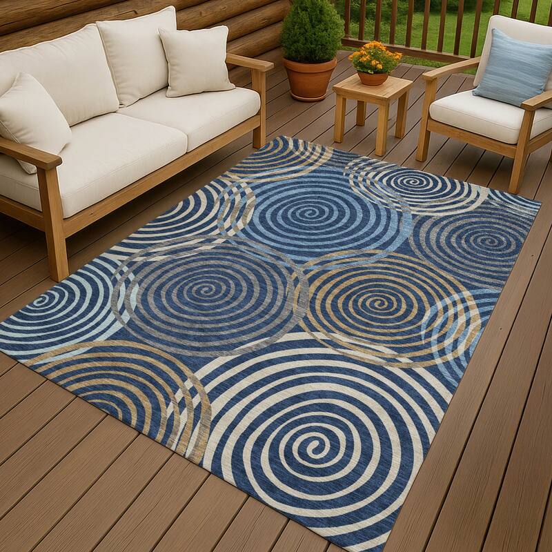 Machine Washable Indoor/ Outdoor Contemporary Swirls Chantille Rug - Navy - 3' x 5'
