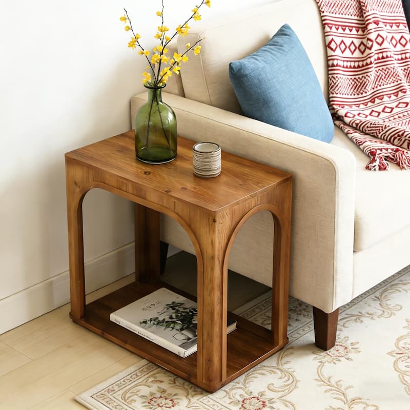 Farmhouse Side Table, 25" Solid Wood End Table - Brown
