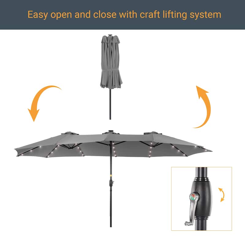 LIVOOSUN 15×9FT LED Double-sided Patio Umbrella with UPF50+ and Handle, and Wind-Resistant Design——Experience Outdoor Comfort