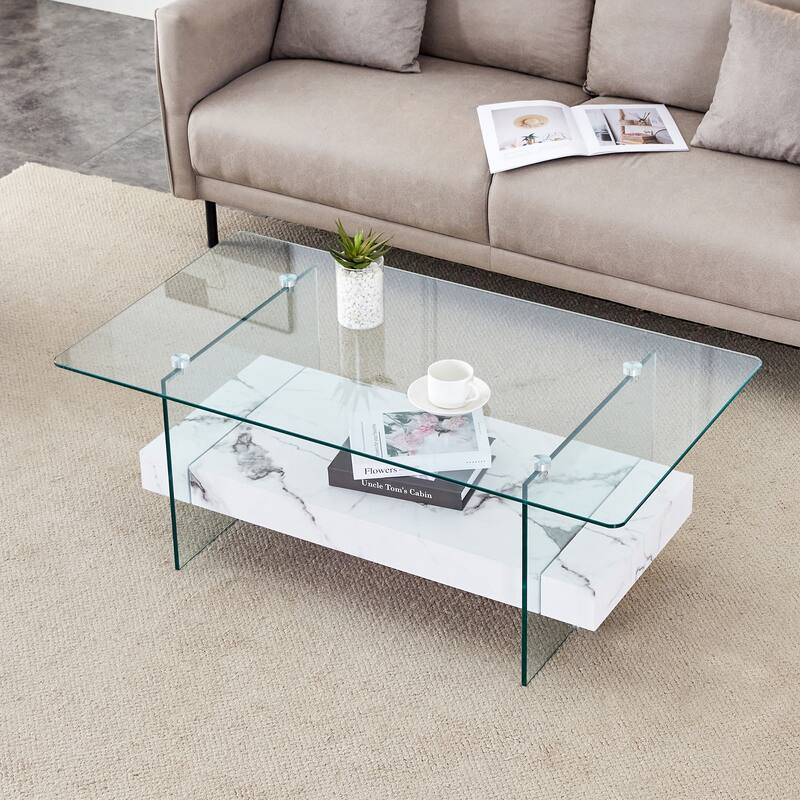 Roomfitters 43.3" Two-Tier Glass Coffee Table with Light Wood Shelf, Side Table or Display Stand