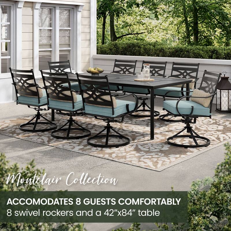 Hanover Montclair 9-Piece Dining Set in Ocean Blue with 8 Swivel Rockers and a 42-In. x 84-In. Table