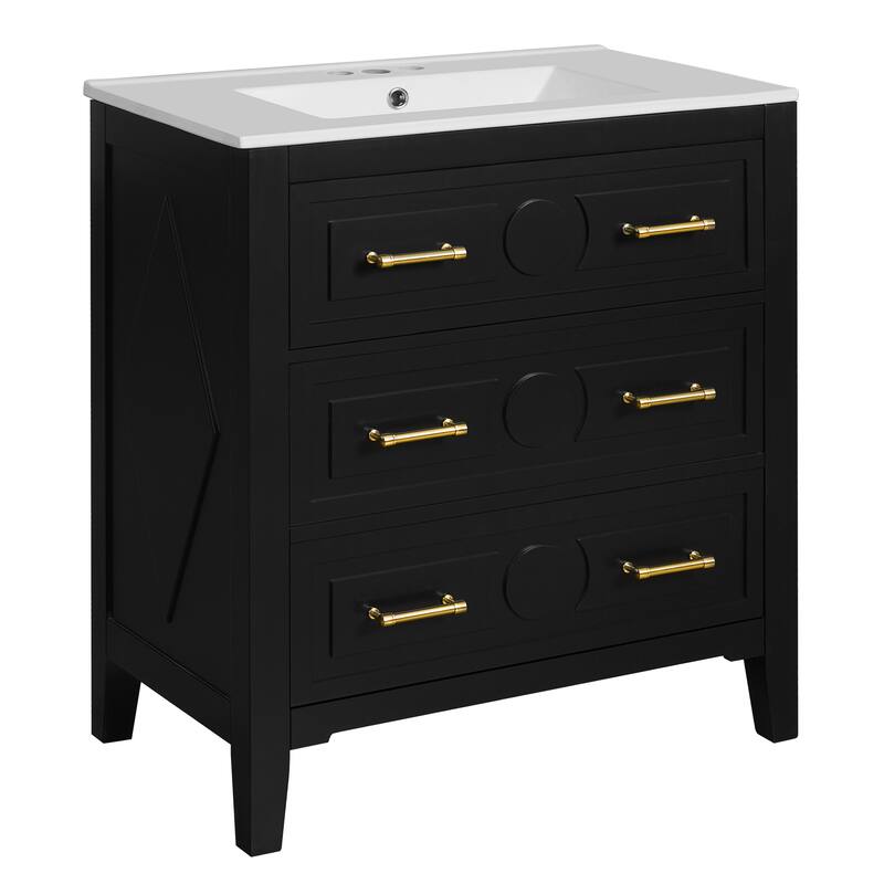 60"Bathroom Vanity with Ceramic Sink Combo, Free Standing Single Vanity Set with 3 Drawers, Wood Frame Bathroom Storage Cabinet
