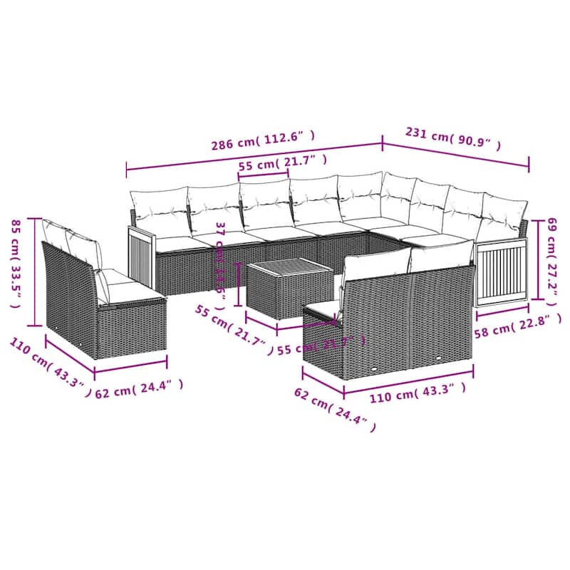 vidaXL 12 Piece Patio Sofa Set with Cushions Black Poly Rattan